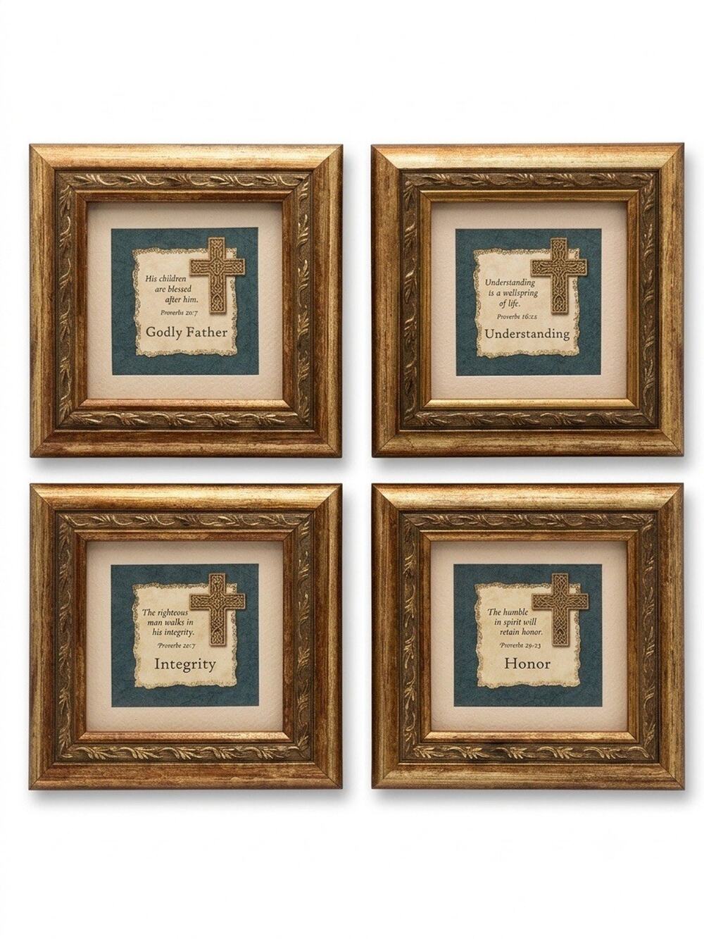 Vintage 90s Christian Wall Art Set of 4 Gold Ornate Framed Proverbs Cross Quotes